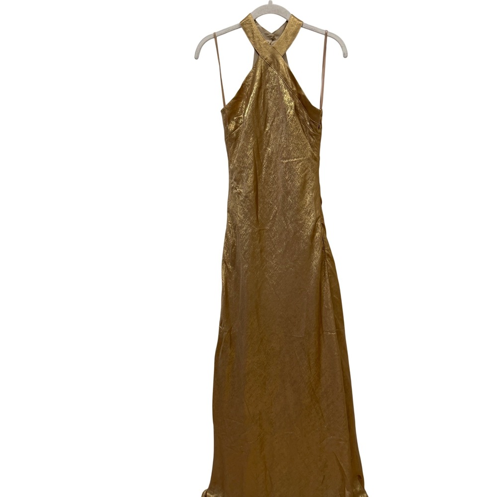 Fashion Nova Raise The Bar Metallic Gown Gold Halter Neck Formal Dress XS NEW